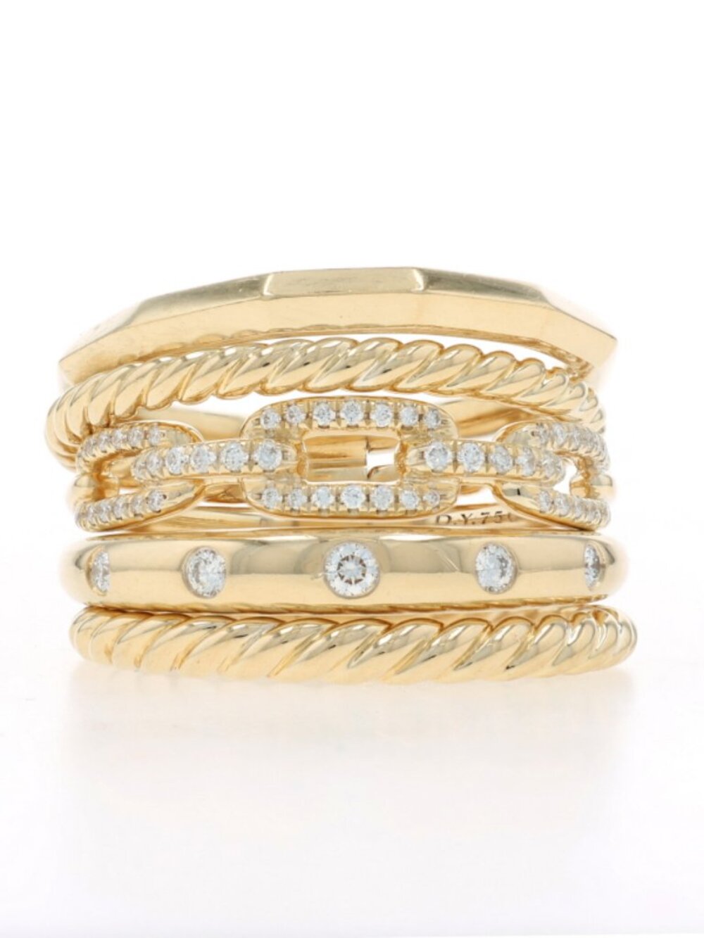 David Yurman Stax Diamond Band - Yellow Gold 18k Rd .25ctw Chain Ring Sz 7 1/2